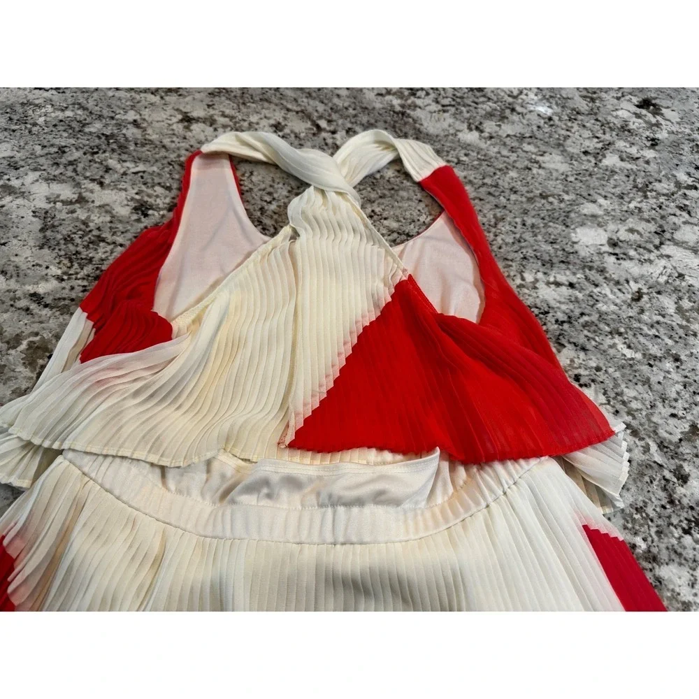 Aryn K Red Ivory Pleated Colorblock Midi Dress Sleeveless Tiered AD-7646-A M‎